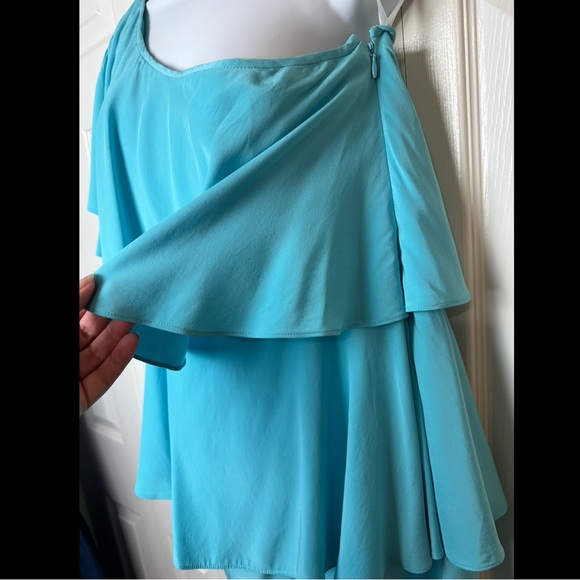 ANNIE GRIFFIN Charlotte One Shoulder Dress Turquoise Aqua Blue 100% Silk Ruffle - Picture 6 of 10
